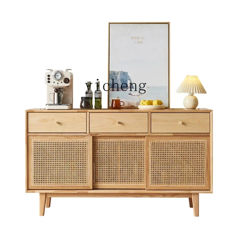 

XL Rattan Sideboard Cabinet Living Room Multi-Functional Storage Cabinet Horizontal Sliding Door Solid Wood Tea Cabinet