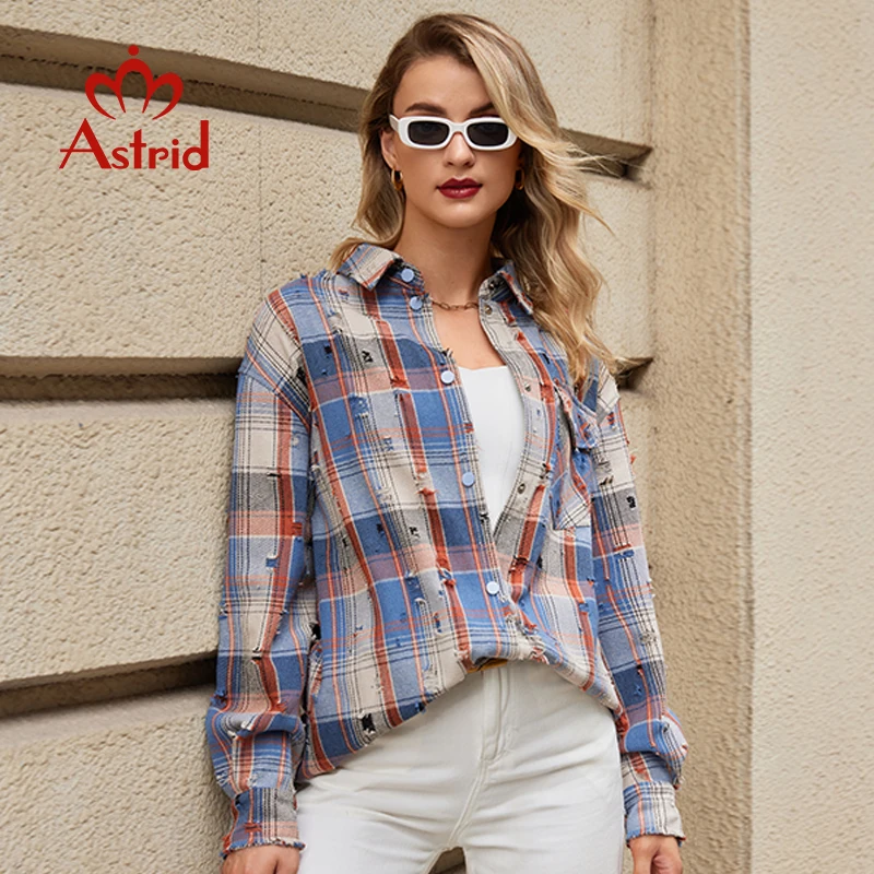 Astrid Women Plaid Shirt Checked Coat Hollowed Out Broken Hole Design Lapel Button Fashion Style Loose Top Chic Blouses Shirts