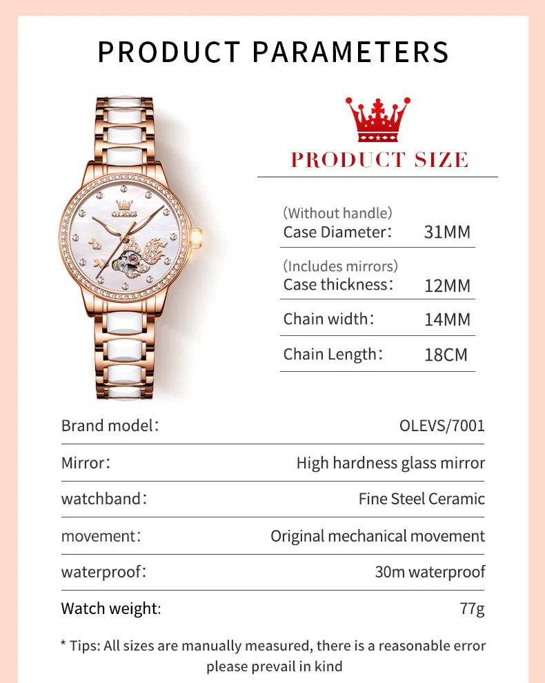 OLEVS  Watch for Women Automatic Mechanical Stainless Steel Ceramic Watchband Ladies Wrist Watch Diamond Skeleton Dress Watch