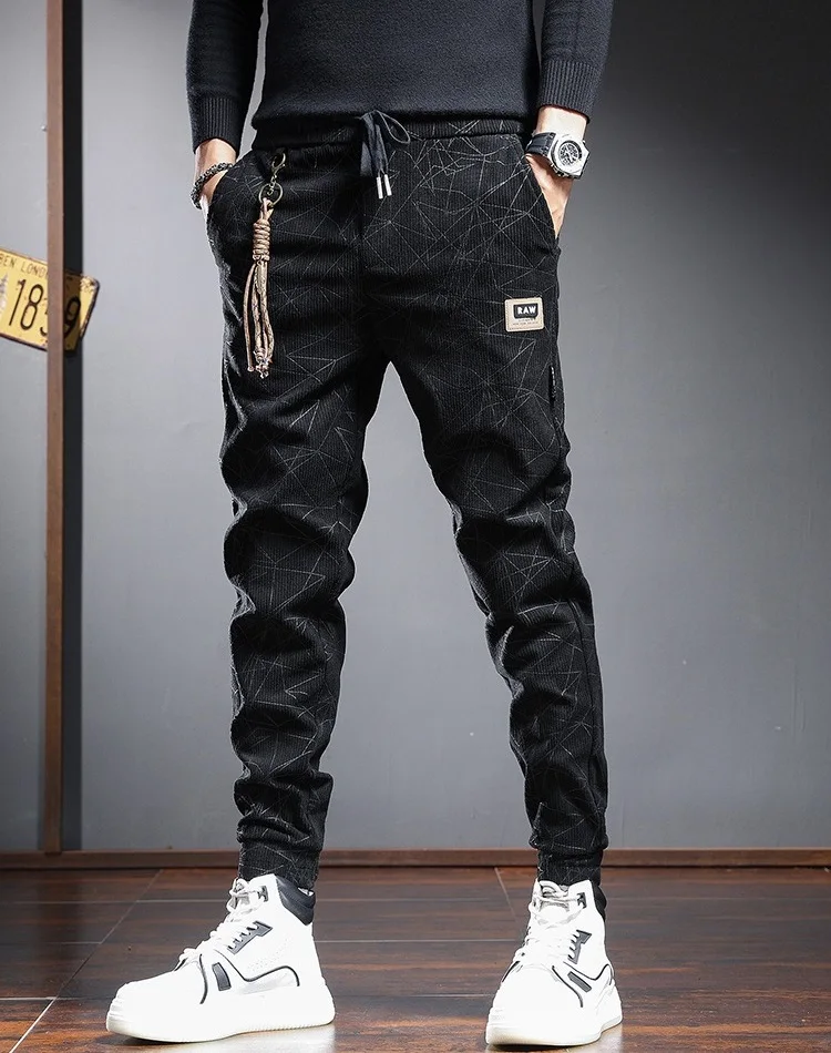 

Men's Corduroy Casual Pants Fashion Geometry Lines Regular Fit Drawstring Joggers Trousers