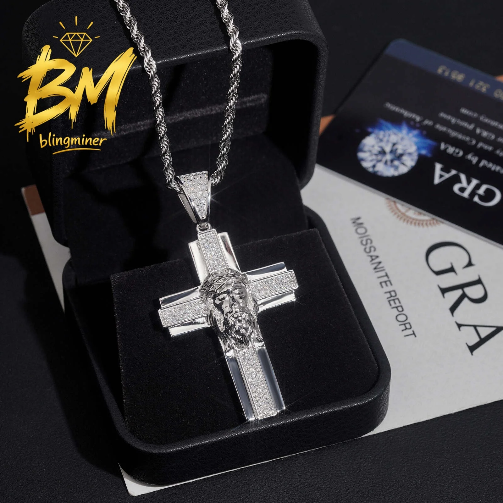 Blingminer Hip Hop Jesus Cross VVS Moissanite Pendant For Men Women S925 Silver Pendants Jewelry Pass Diamonds Tester GRA