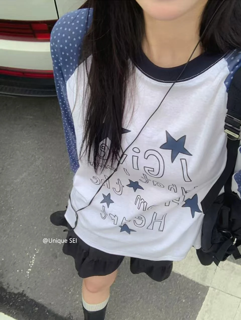 

Женская футболка с длинными рукавами контрастного цвета в японскую звезда в горошек, осенний новый повседневный универсальный свободный топ Y2k для снижения возраста