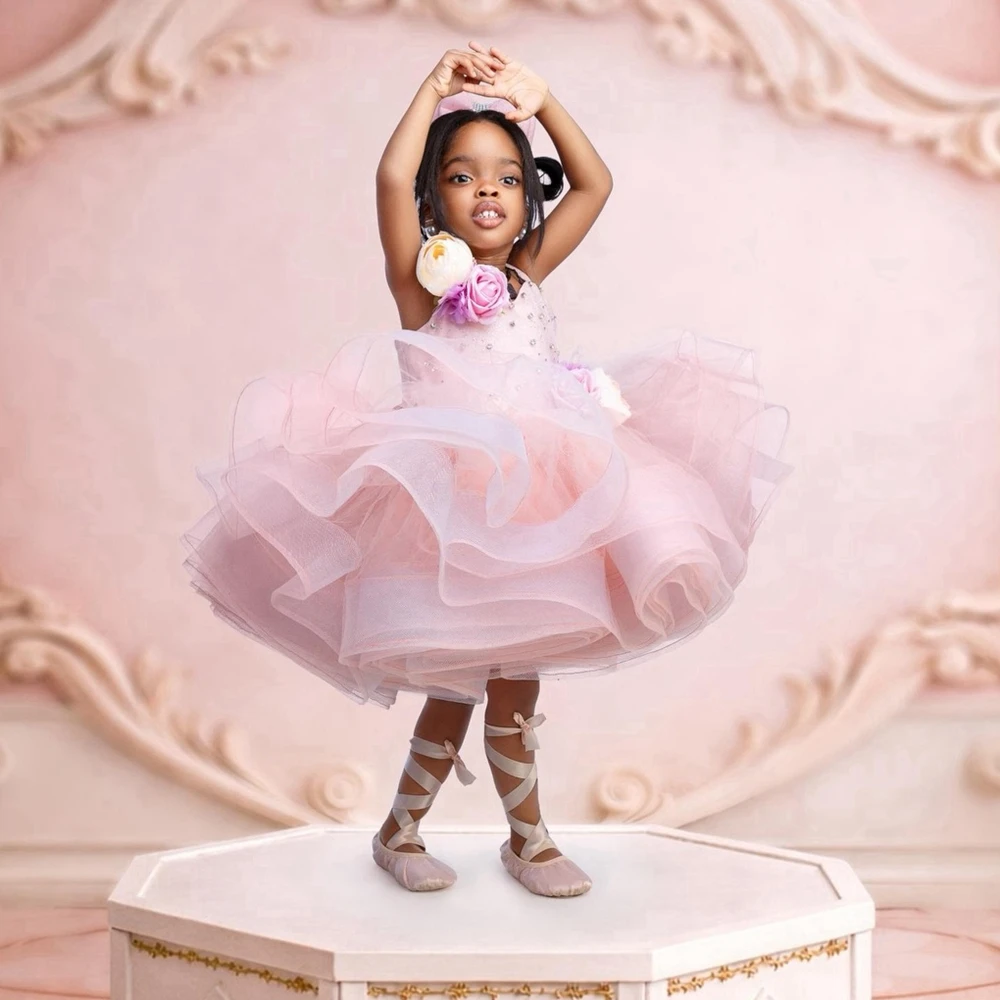 

Baby Girls Mesh Puffy Flower Girl Dress Princess Kids Organza Party Dress Pretty Lace Appliques Floral Tulle Tutu New Year Gowns