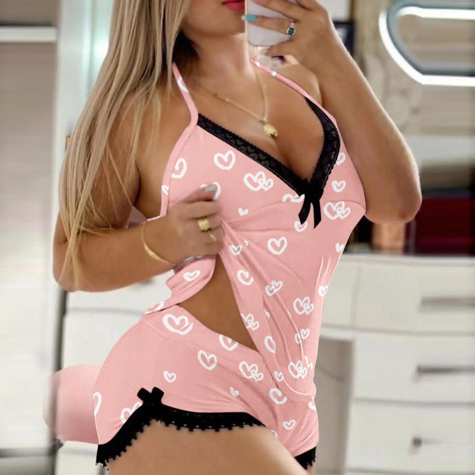 

Fashion Women Pajama Suit V-Neck Stretch Satin Babydoll Lace Sexy Lingerie Bowknot Pyjamas Sleep Shorts Set Sleepwear Suit