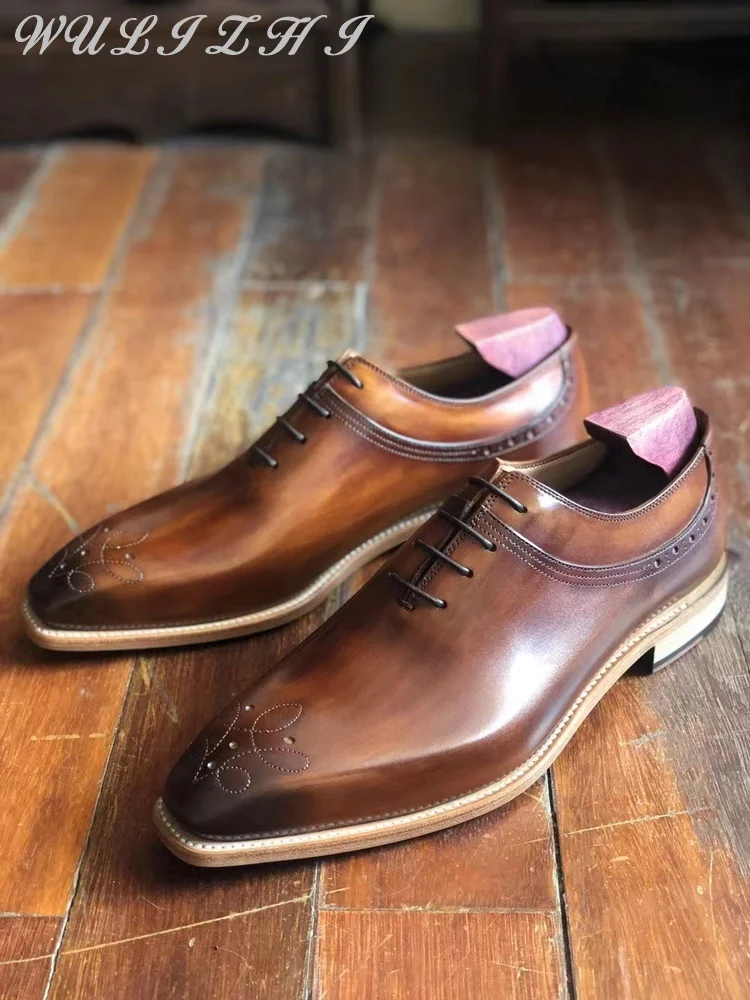 Vintage Cowhide Lace Up Oxford Shoes Embroidered Sewing Men Shoes Leather Soles Square Toe Comfortable Handmade Shoes