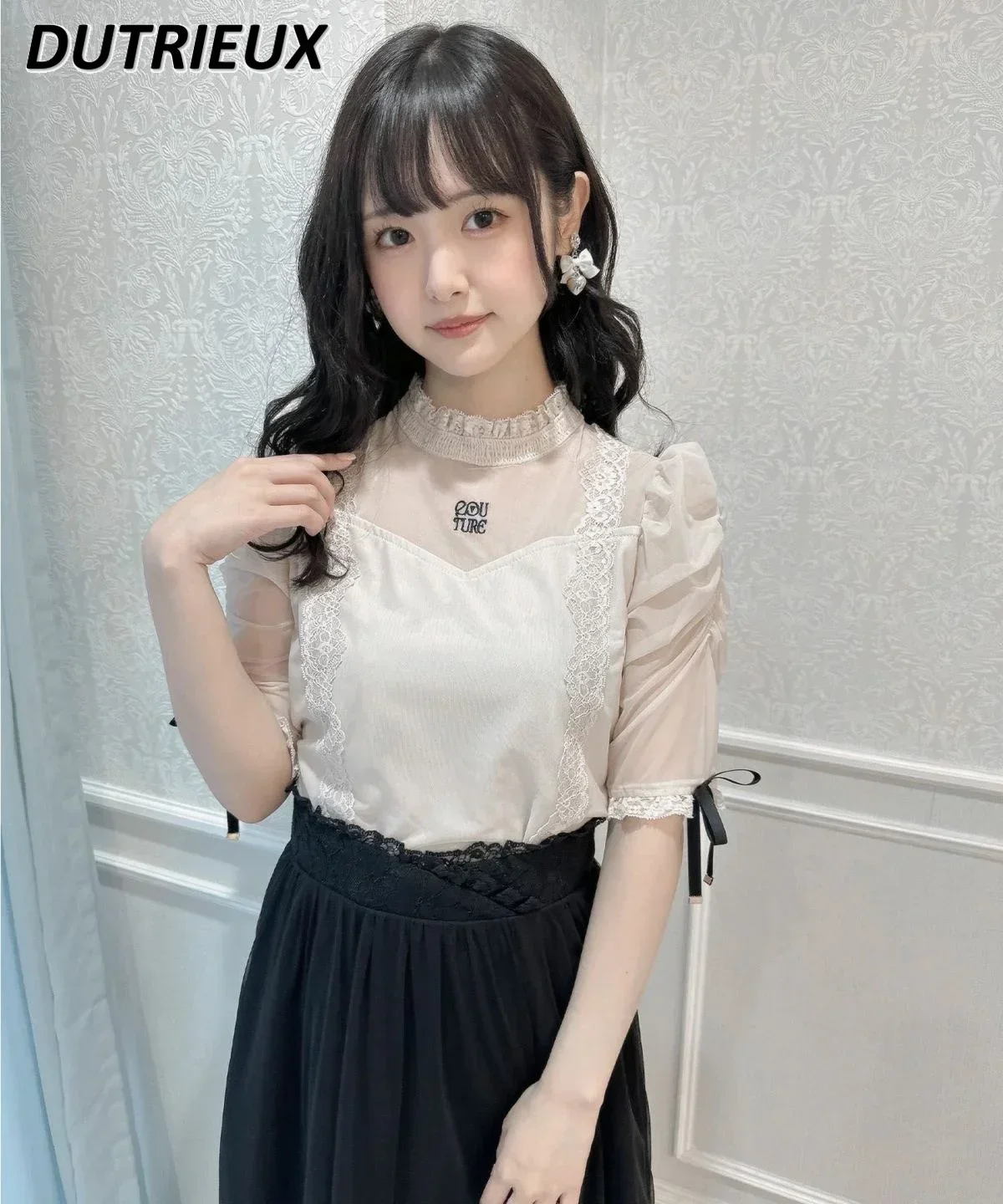 Women's Tops Summer Fashion Lolita RJ Casual Blouse Lace Collar Embroidered Girls Short Sleeve Top Lace-Up Bow Bottoming Shirt