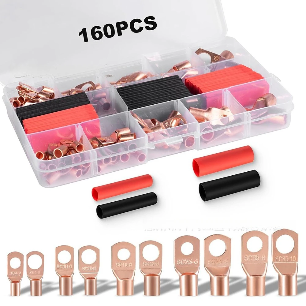 160Pcs Copper Cable Lugs Kit, SC Crimp Ring Terminals Wire Connectors with Heat Shrink Tubing in Storage Box
