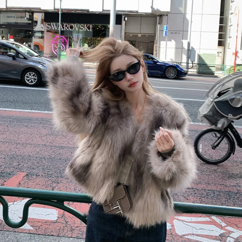 Women's Faux Fur Blended Fur Fall/Winter Long Sleeve V-Neck Korean Clothing Winter Wear Slim Fit Fashion Women Coat