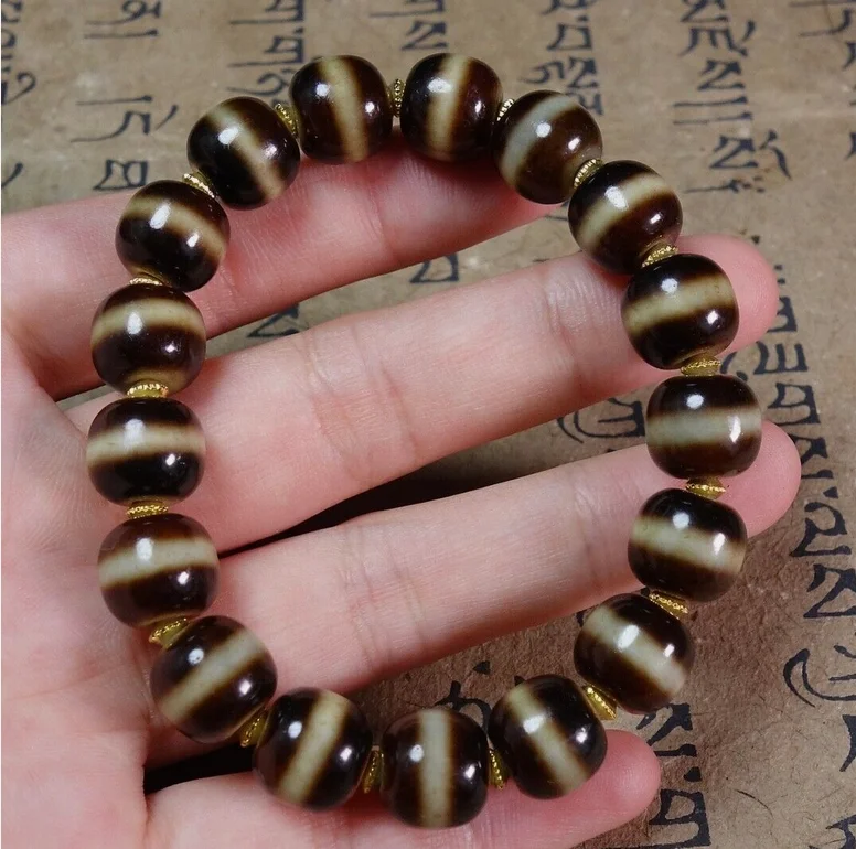 Nice Himalaya Tibetan DZI Beads Old Agate 1 Line Beads Amulet Bracelet #4878