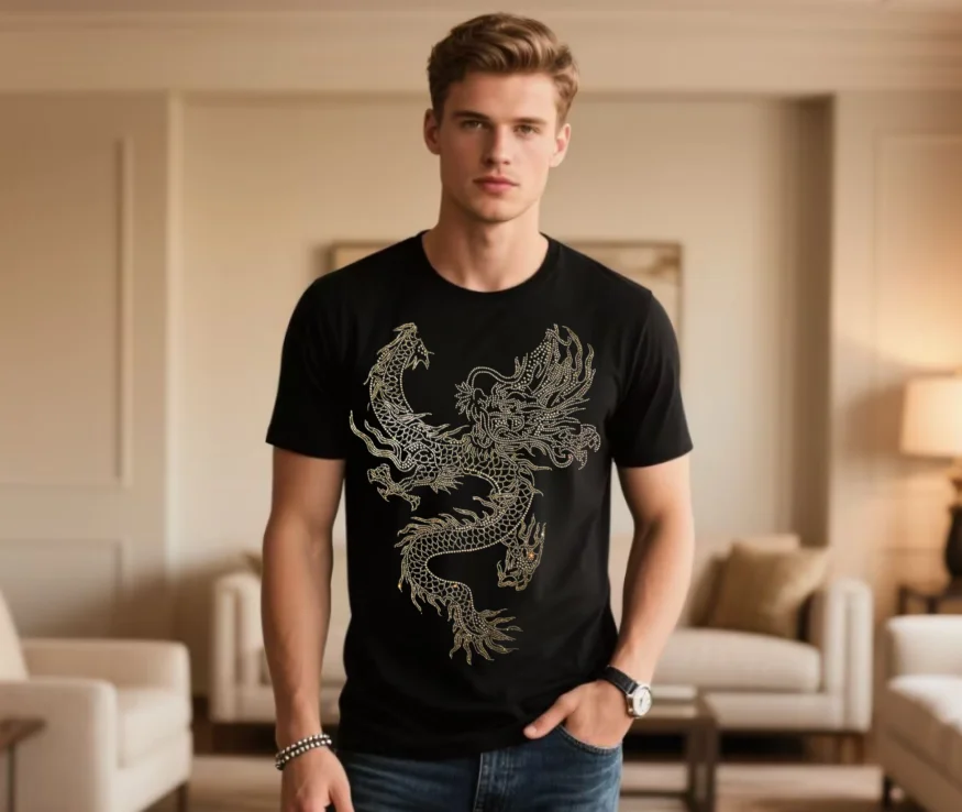 

Fashionable Men's Designer T-Shirts with Rhinestone Branded Tops