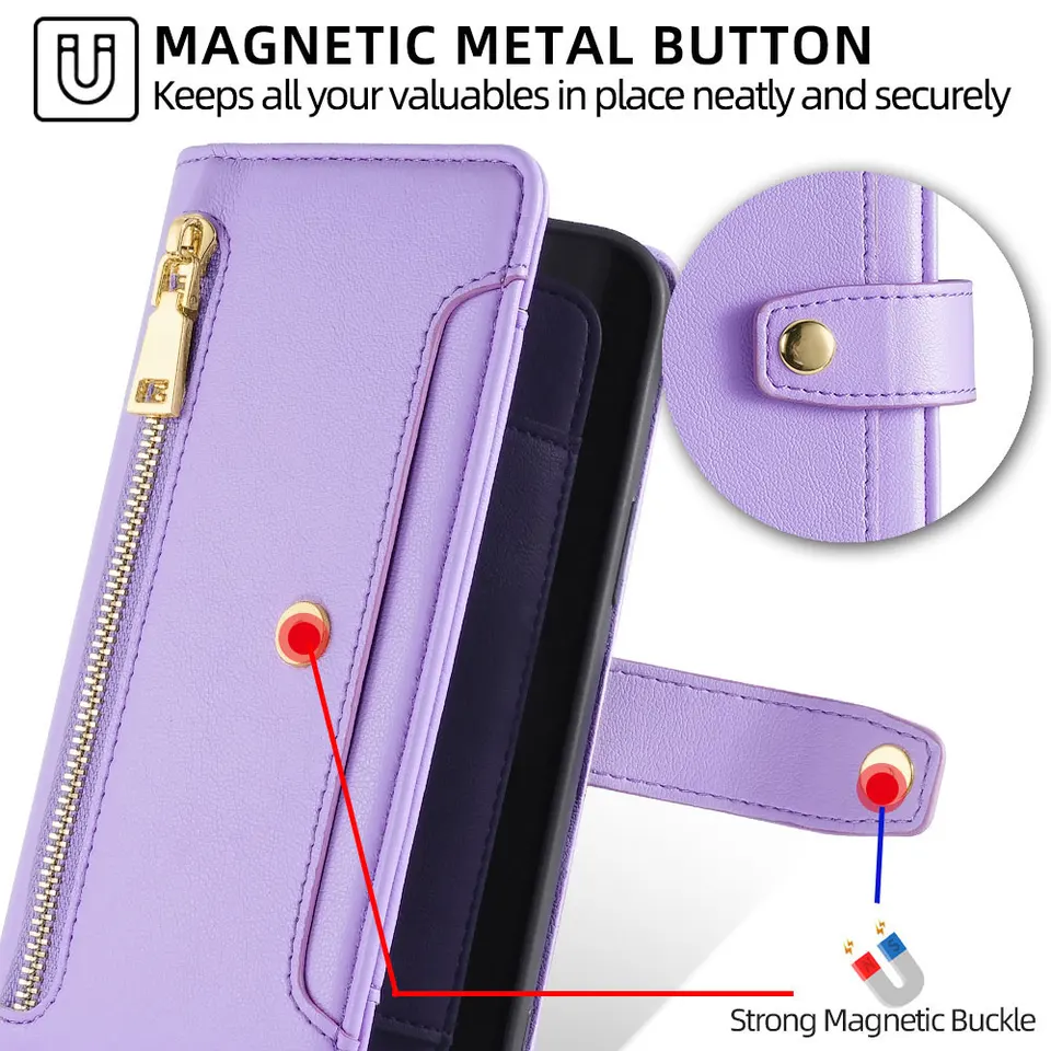 Funda tipo cartera con cremallera para Samsung Galaxy A17, A07, A56, A36, A26, A16, Galaxy S25 Ultra, Samsung S25 FE, Plus, S25 Edge, con correa 5