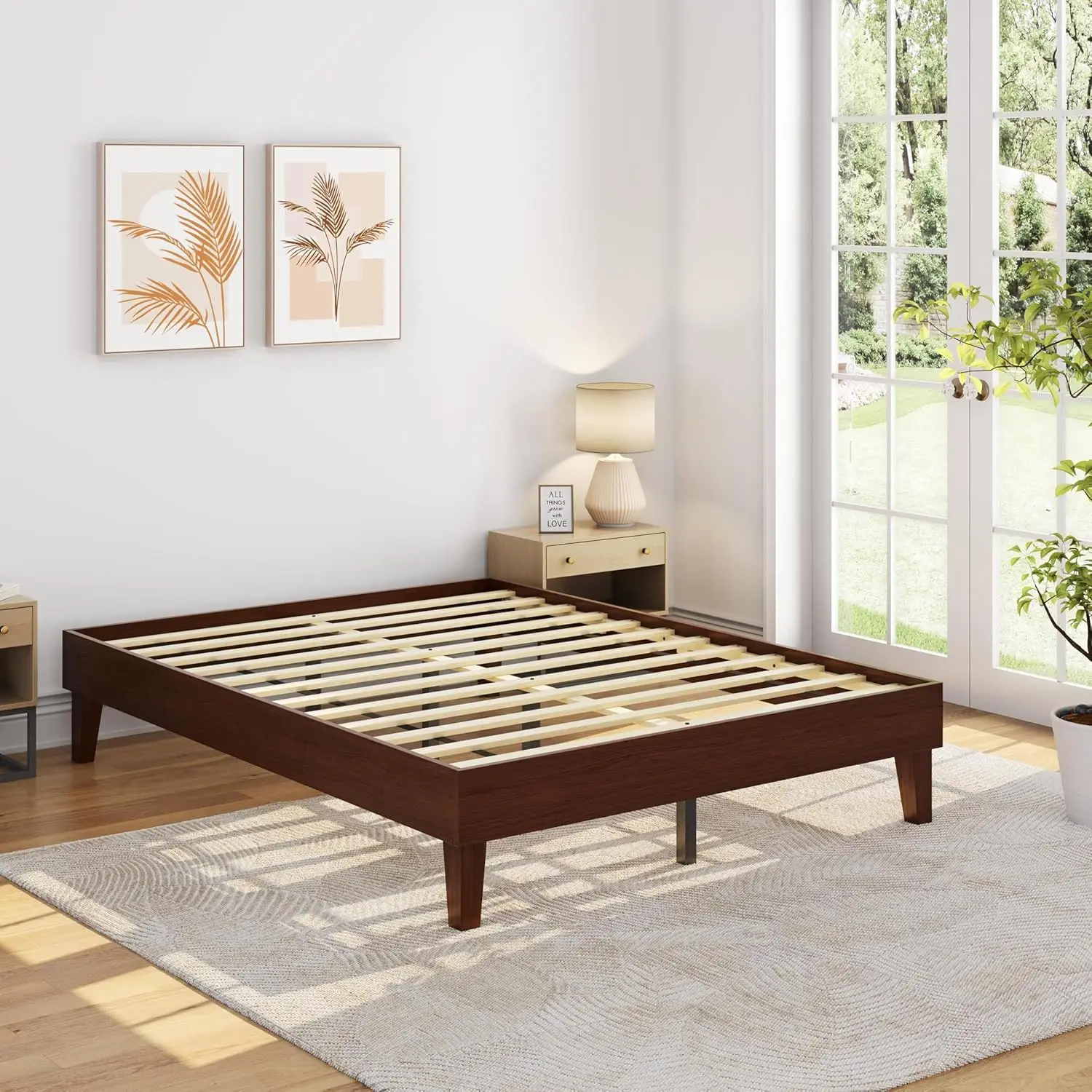

Natural Solid Wood Platform Bed Frame with Slats Support Underbed Storage Noise-Free Easy Assembly Dark Walnut, Customized