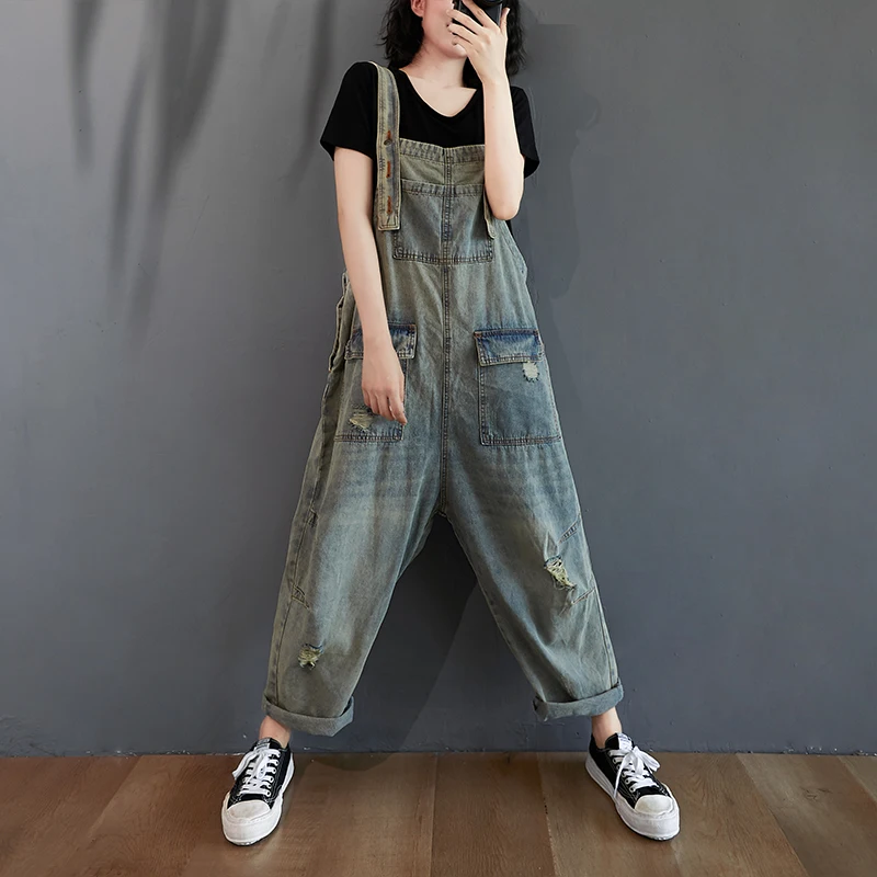 

Vintage Ripped Denim Overalls Women's Loose plus Size Anti-Aging Slimming Concealing Long Pants High Waist Jeans Fabric