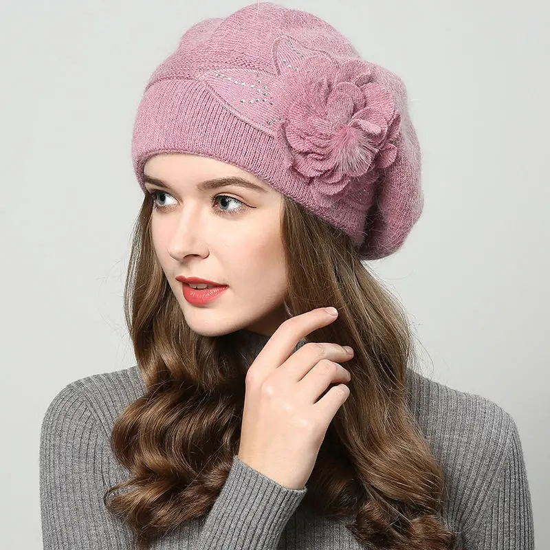 Women Rabbit Berets Knitted Wool Hats Winter Flowers Warm Female Cap Girls Beanies Fur Hat Gorros Bonnet Femme Hiver