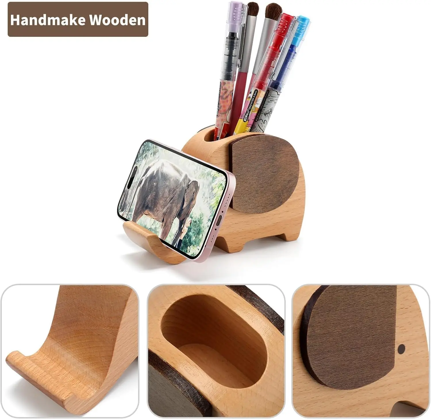 Wooden Pen Phone Stand Elephant Phone Holder Animal Phone Stand - Wood Ladie Gifts for Female Friend Sister Wife Daughter Mum