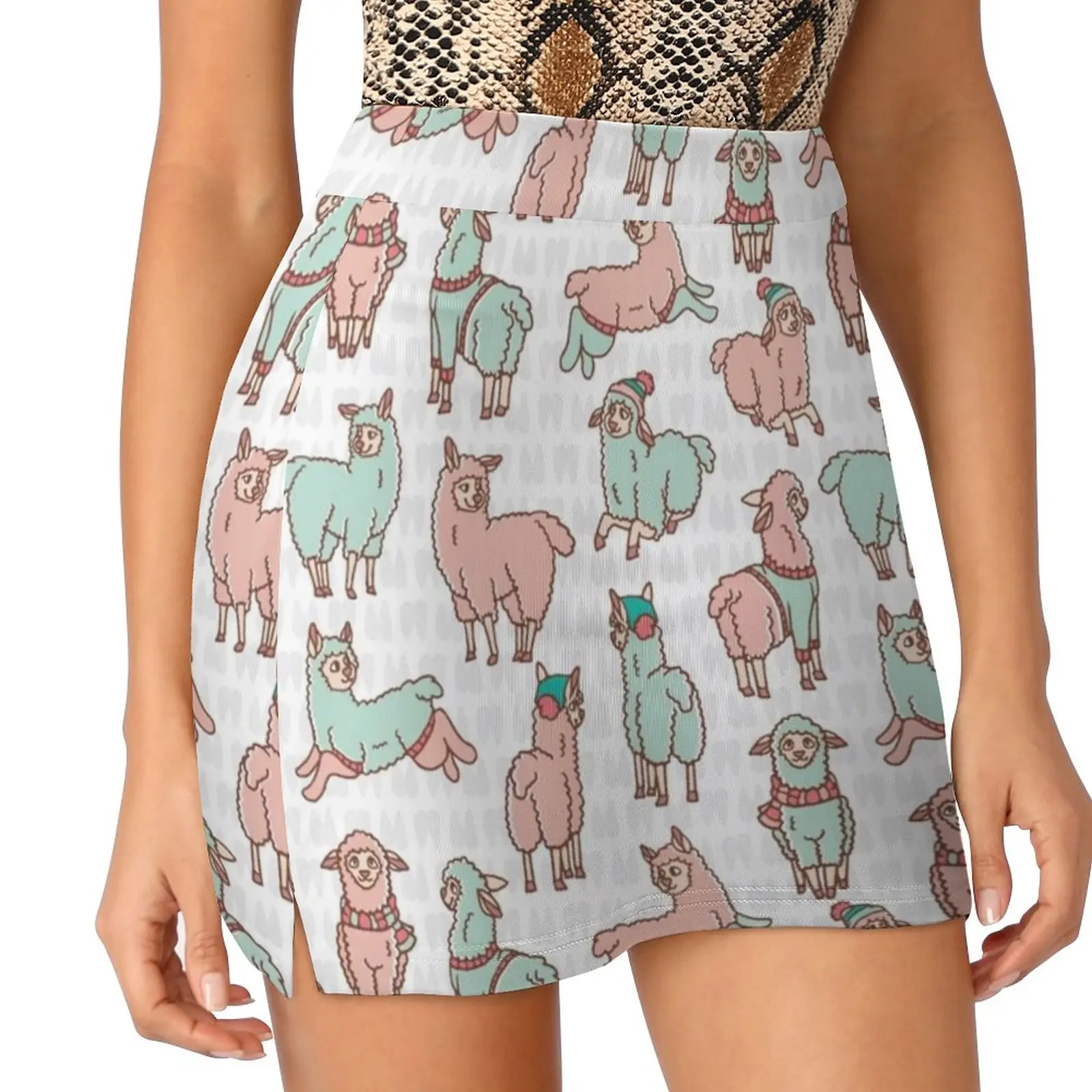 Pastel Colors Cartoon Alpaca Llamas Herd Women's skirt With Pocket Vintage Skirt Printing A Line Skirts Summer Clothes Alpaca