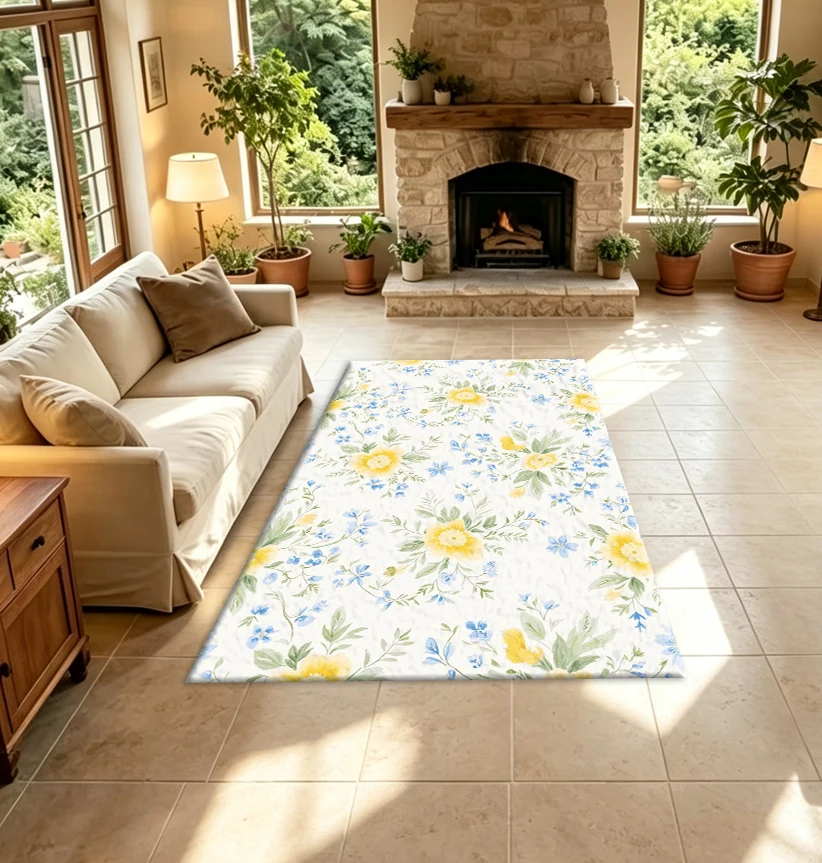 Watercolor Yellow and Blue Floral Carpet Floor Mat Indoor Home Floor Decoration Carpet