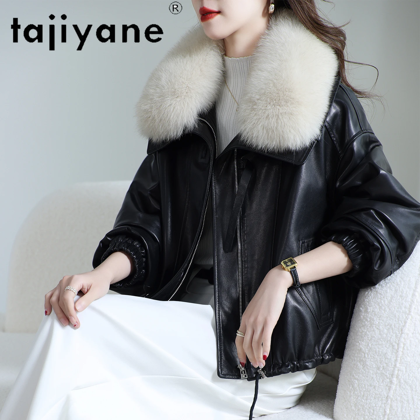 TAJIYANE 100% Top-narben Schaffell Gans Unten Mantel Kurze Echt Leder Puffer Jacke Frauen Fuchs Kragen Winter Frau Kleidung 2025