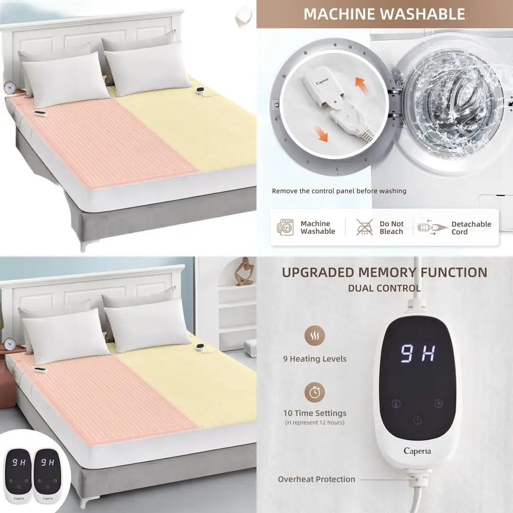 

Queen Size Electric Mattress Pad with Dual Controls, 9 Heat Levels, 1-12 Hour Auto-Off, Memory Function, Deep Pocket, Fast Heati