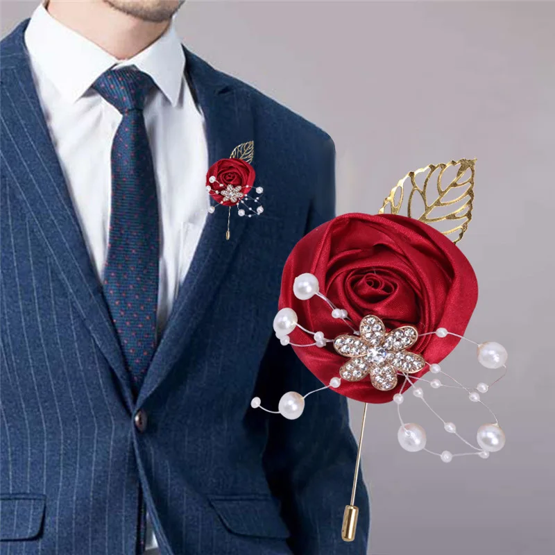 Wedding Brooch Wrist Corsage for Bride Bridesmaid Made of Ribbon Rose Flower Rhinestone Pearl Fashion Men's Suit Pocket Brooches