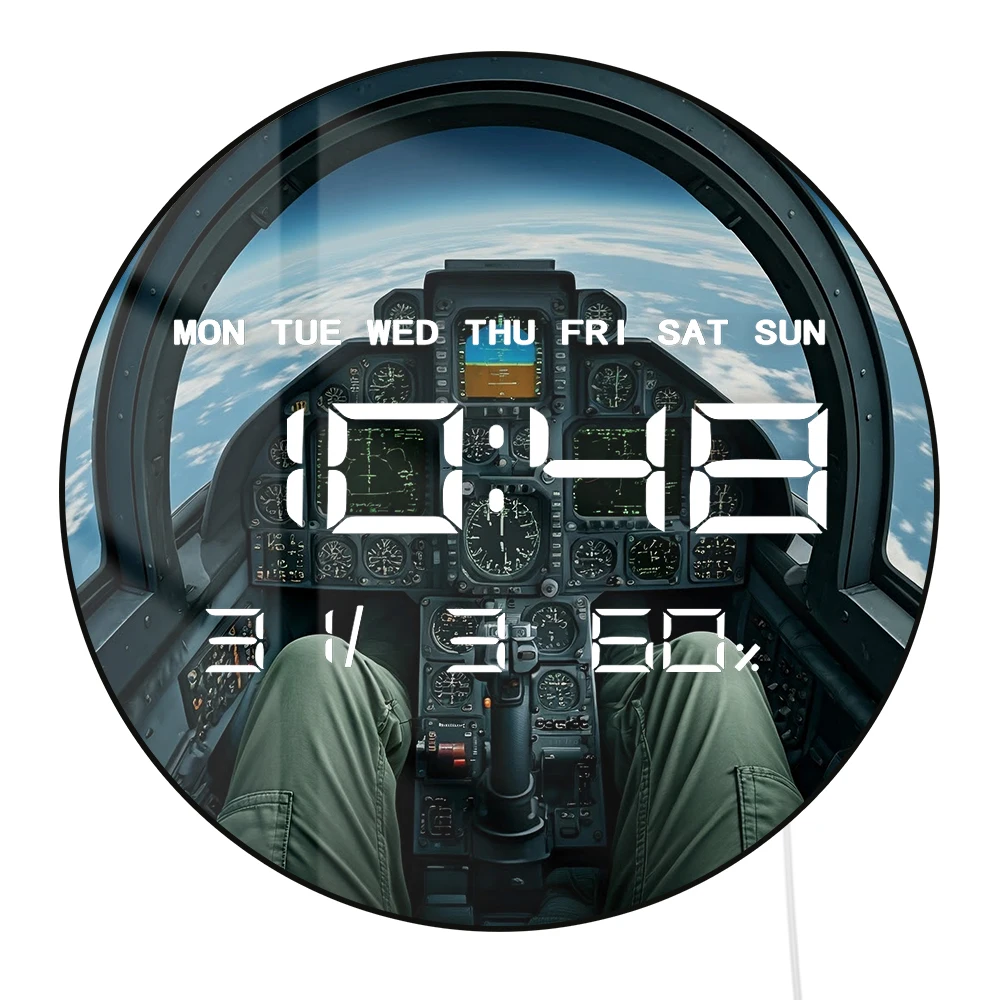 Fighter Pilot Plane Cockpit LED Auto Dimming Digital Clocks with Temperature Humidity Calendar Date Large Electronic Wall Clock