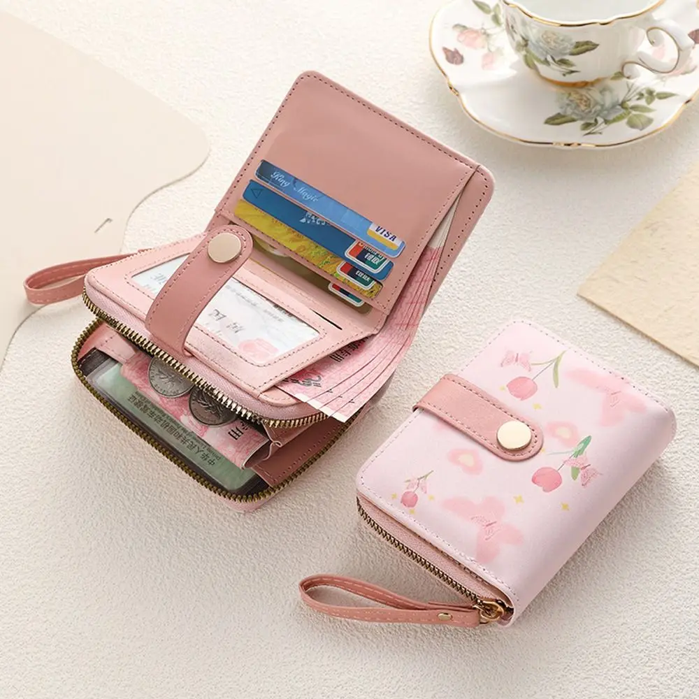 Fashion Carrying Strap Short Wallet PU Leather Lightweight ID Card Holder Large Capacity Coin Purse