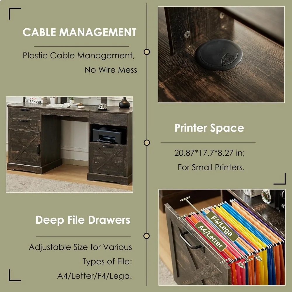 مكتب رفع على طراز المزرعة مع أدراج تخزين، ومحطة شحن، وأضواء مستشعر، وميزات ألعاب الكمبيوتر للمكتب المنزلي