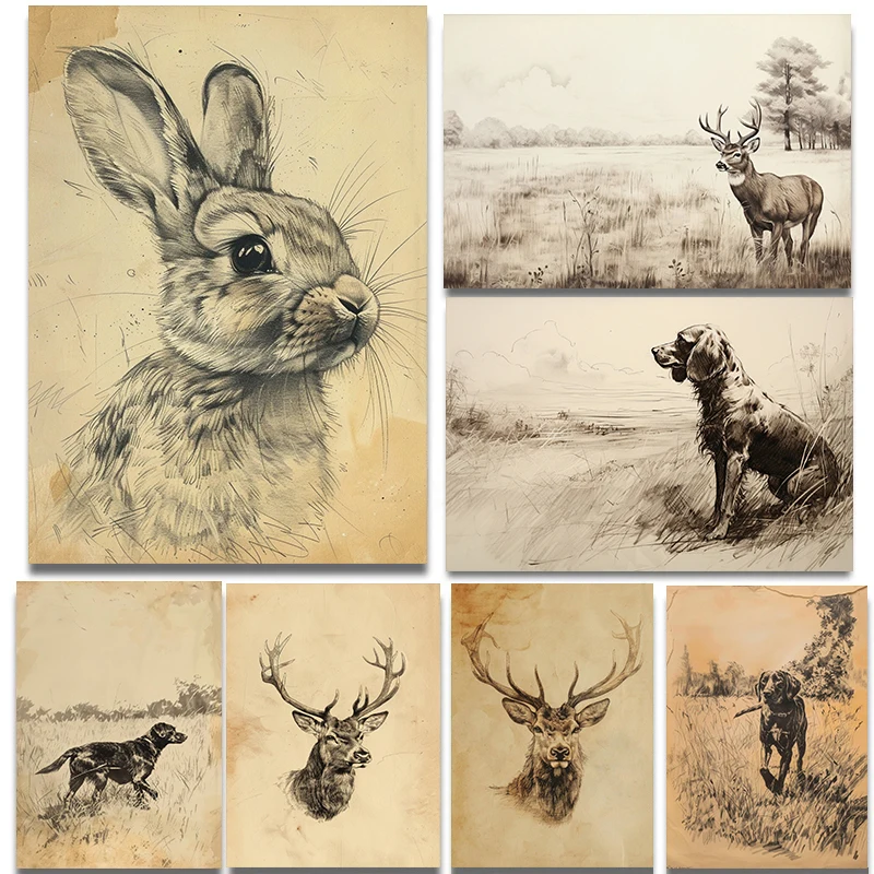 Classic Rabbit Deer Dog Fish Duck Sketch Posters Print Canvas Painting Modern Farmhouse Wall Art Picture Office Home Decor Gi