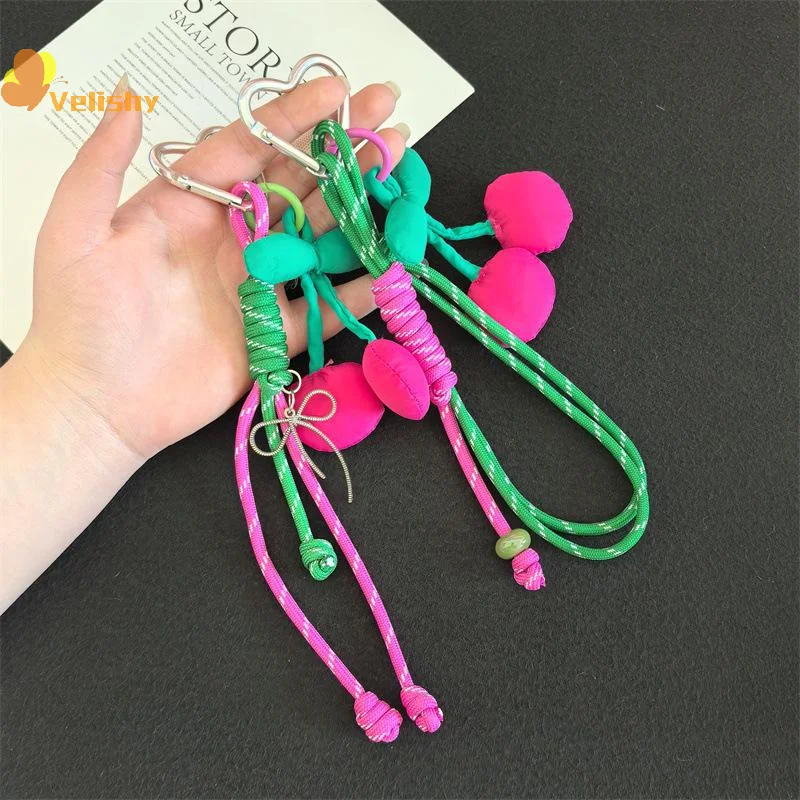 نسيج الكرز انفصال على شكل قلب مطرز المفاتيح سلسلة الهاتف المحمول مكافحة فقدان الحبل