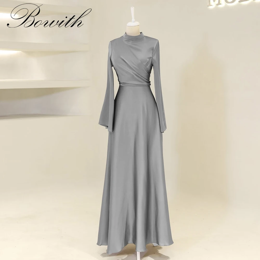 

Bowith Modest Evening Dresses High Collar Long Sleeves Silk Satin Prom Party Gown Customized Simple Party Dresses