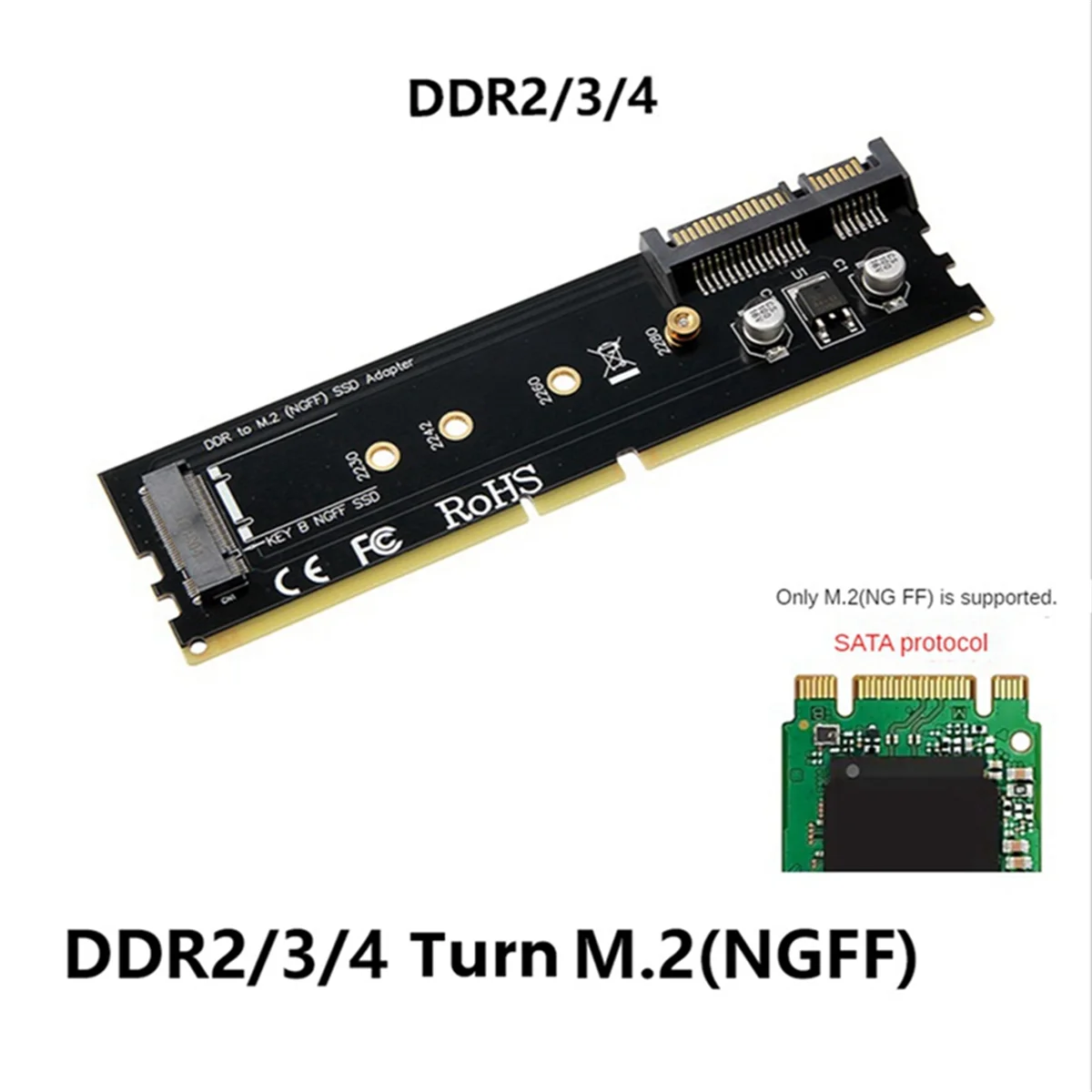 Adaptador SSD DDR3 DDR4 DDR2 a M2 M.2 NGFF B Key Riser Card SATA 15Pin Power + SATA 7Pin Data Port