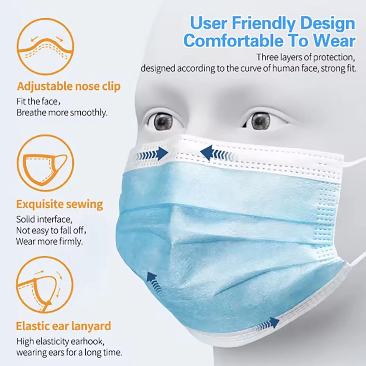 마스크 3층 마스크 페이스 마스크 멜트 블로운 천 일회용 방진 보호 마스크 Earloops 입 마스크 Black Mascarillas