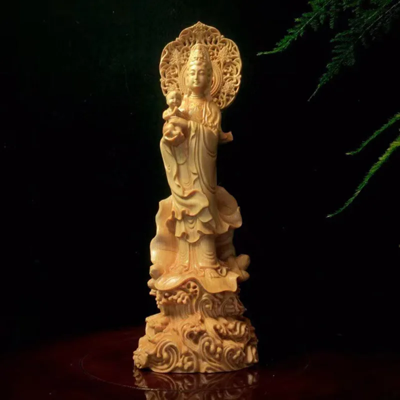 Cliff Cypress Guanyin Buddha Statue Ornaments Sending Children Solid Wood Carving Household Items Praying For Children And