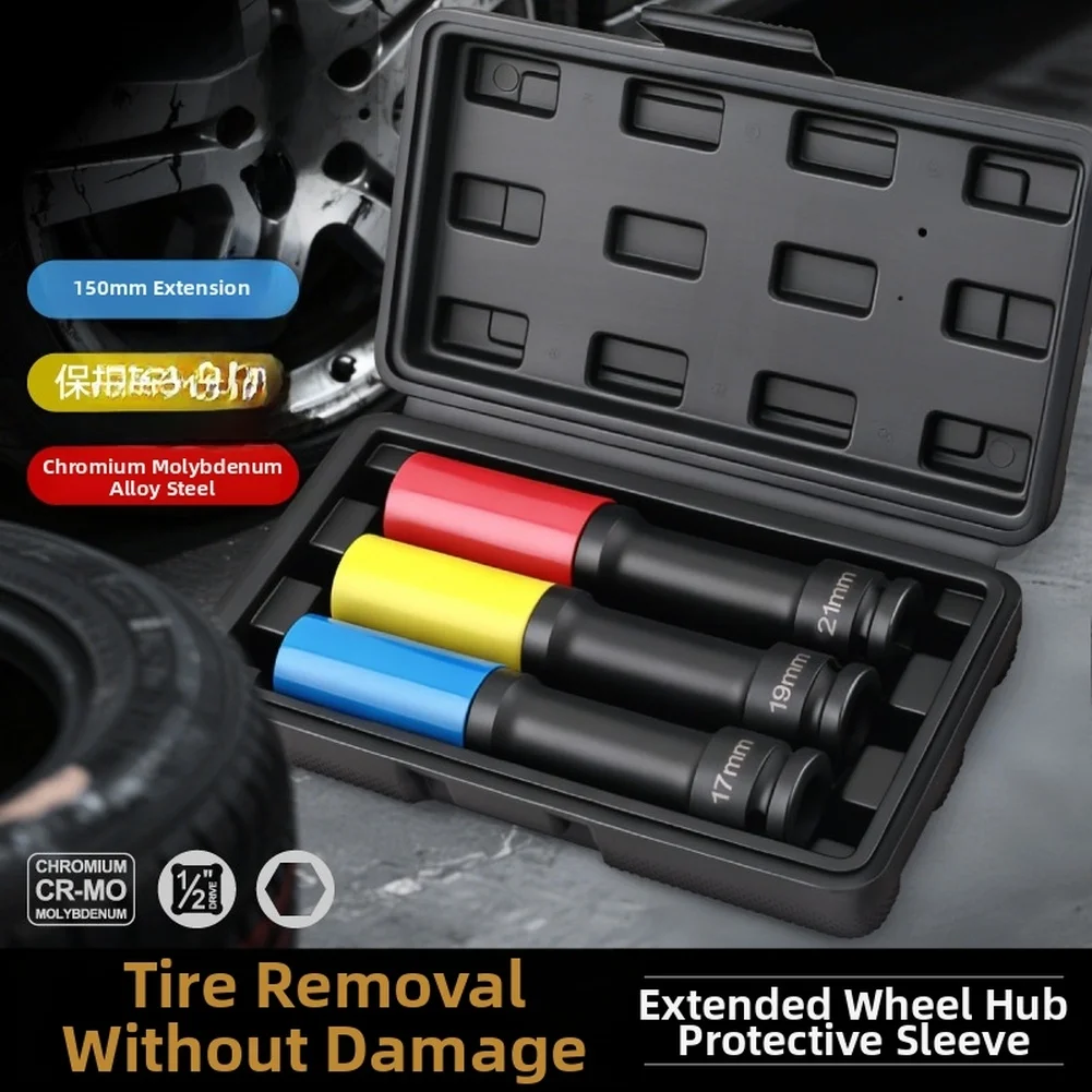 3Pcs 17mm 19mm 21mm Extended Wheel Lug Nut Socket Set For CR-V Steel Tire Removal Tool With Rim Protection Sleeve