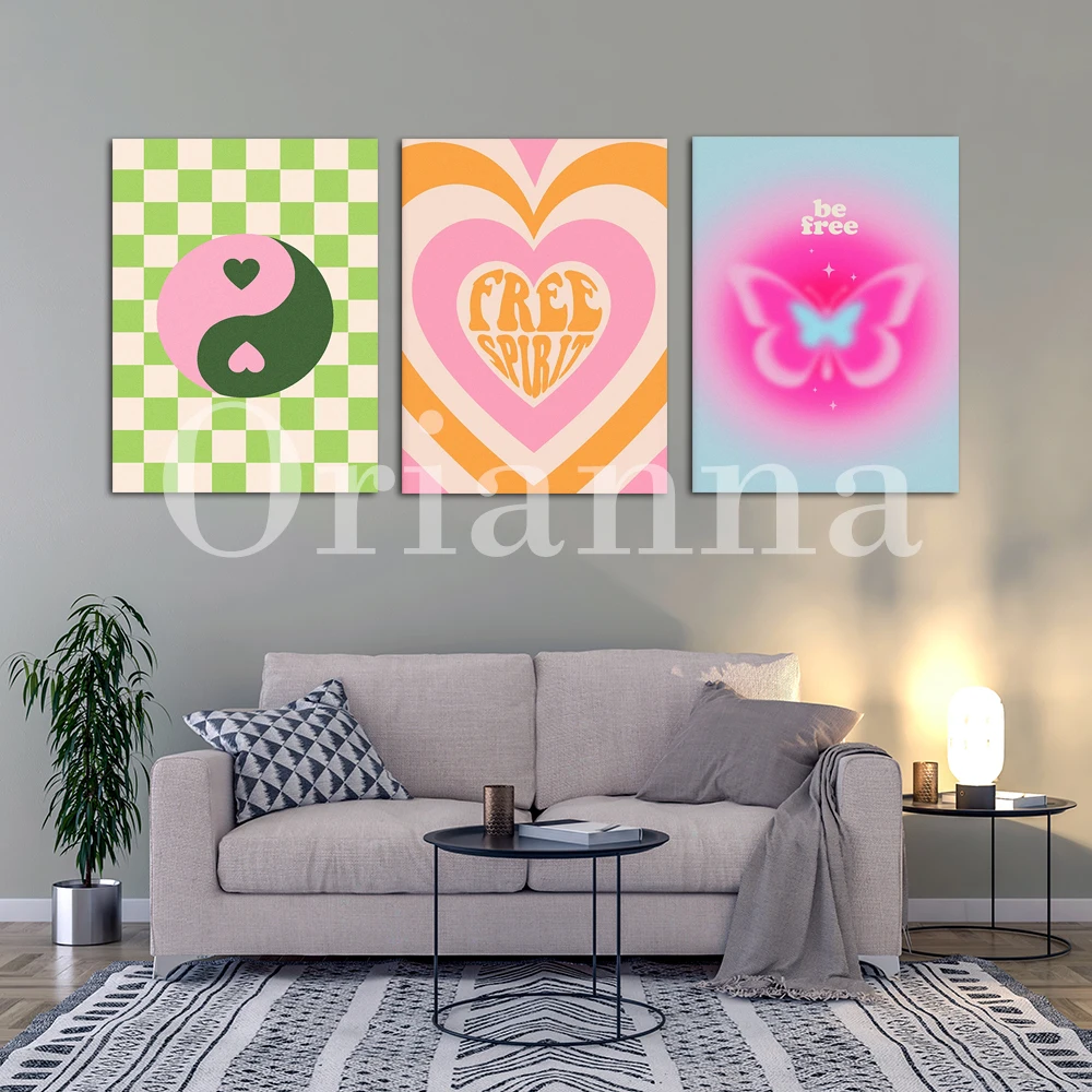 Smiley Flower Cherry Yin Yang Butterfly Checkered Heart Berry Motivational Quote Danish Pastel Poster Aesthetic Bedroom Print