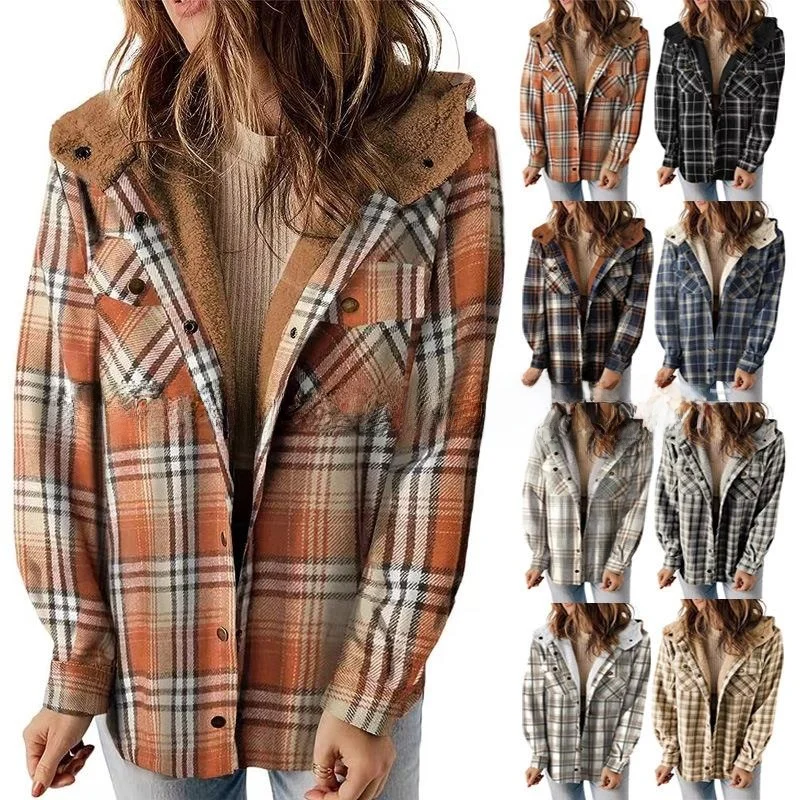

Women's Plaid Hooded Woolen Coat Warm Jaet Long Sve Polyester Fiber Autumn Faion Ladies' Coat Plaid Design