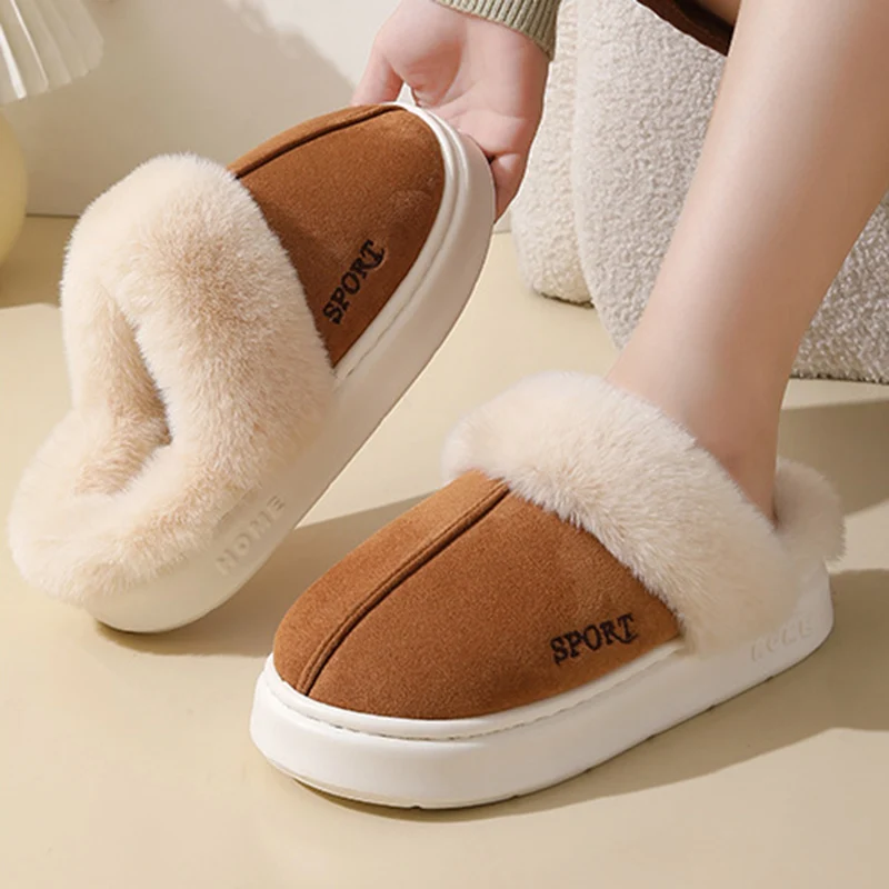 Fluffy Faux Fur Platform House Slippers Women Closed Toe Thick Plush Cotton Shoes Woman Winter Warm Comfort Home Fuzzy Slippers