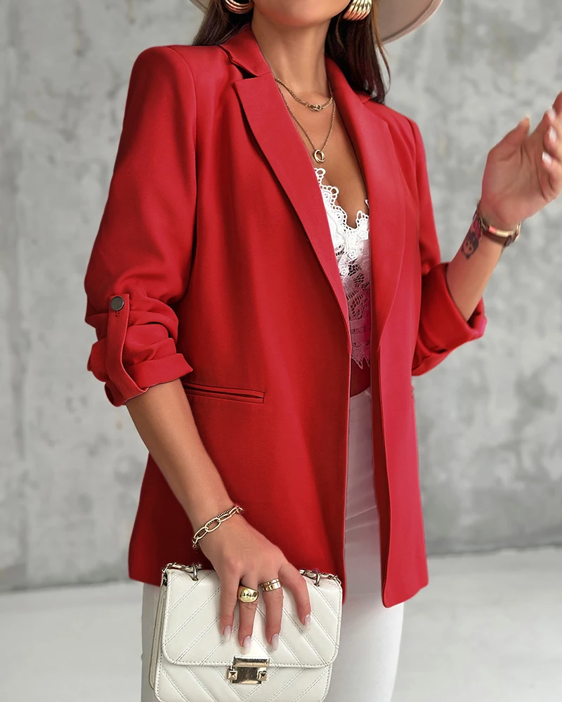 

Nothched Collar Roll Up Sleeve Open Stitch Blazer Coat Femme Elegant Autumn Winter Outfits