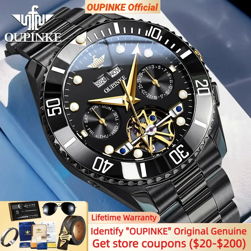 

OUPINKE Diving Watch Automatic Solid Steel Watchbrad Waterproof Multifunction Date Business Classic Mechanical Watch for Man