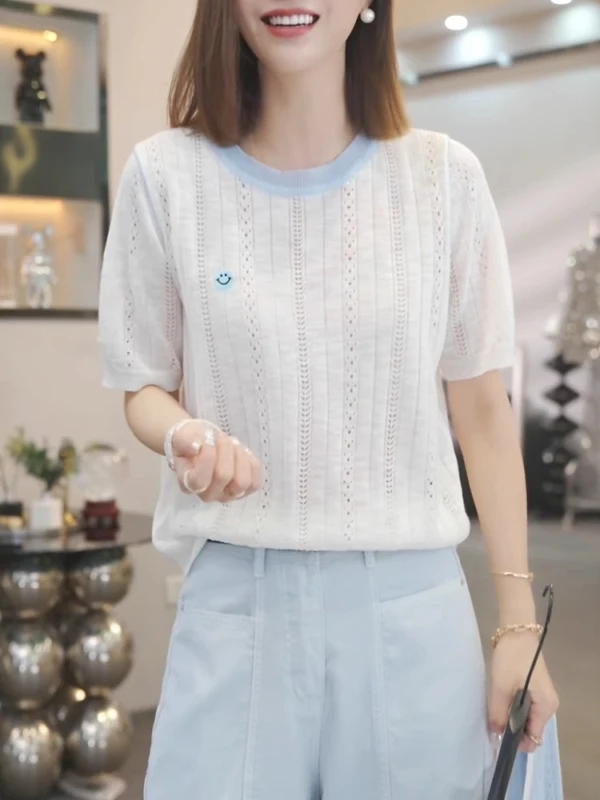 

Женский летний тонкий трикотажный топ больших размеров из белого трикотажа и ледяного шелка, корейский стиль, с вышивкой и ажурными вставками, для стройности