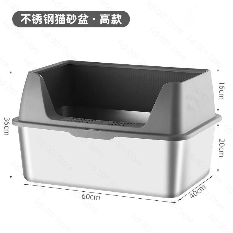 Stainless Steel Large Double-Layer Non-Slip Litter Box, Multi-Cat Toilet with Elevated Guard Cover Anti-Stick Bottom