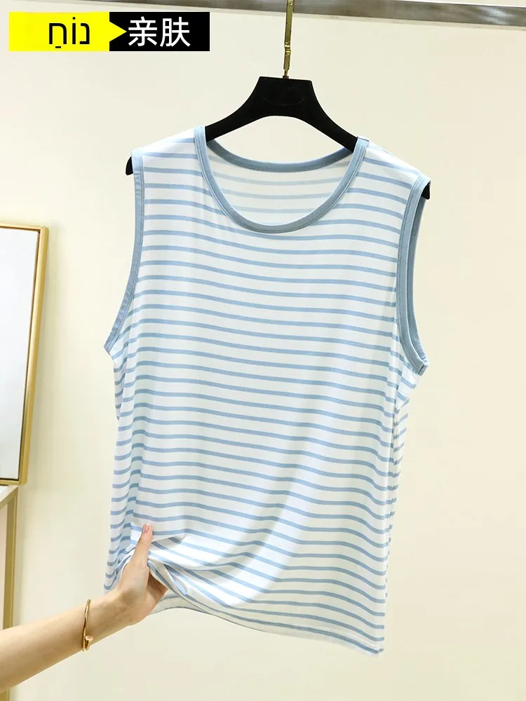 Modal Men's Striped Tank Top Summer Thin Casual round Neck Sport Shoulder Pad Breathable Sweatshirt for Home And Outdoor Wear