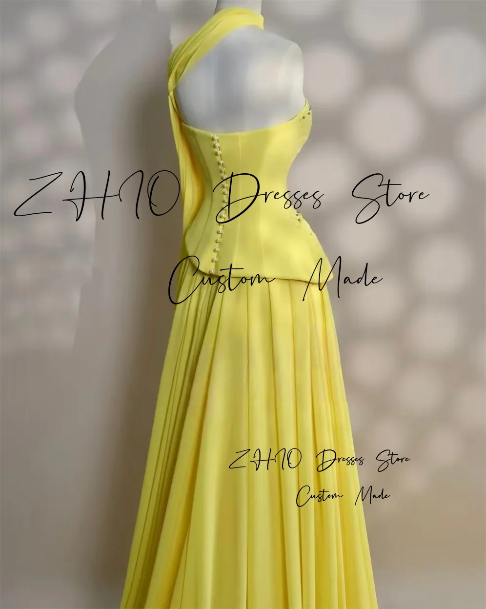 فستان ZHIO أنيق لحفلات الزفاف من الخرز الأصفر بدون حمالات مع وشاح متدرج سويب تراين فساتين الاحتفال ثوب مسائي مخصص