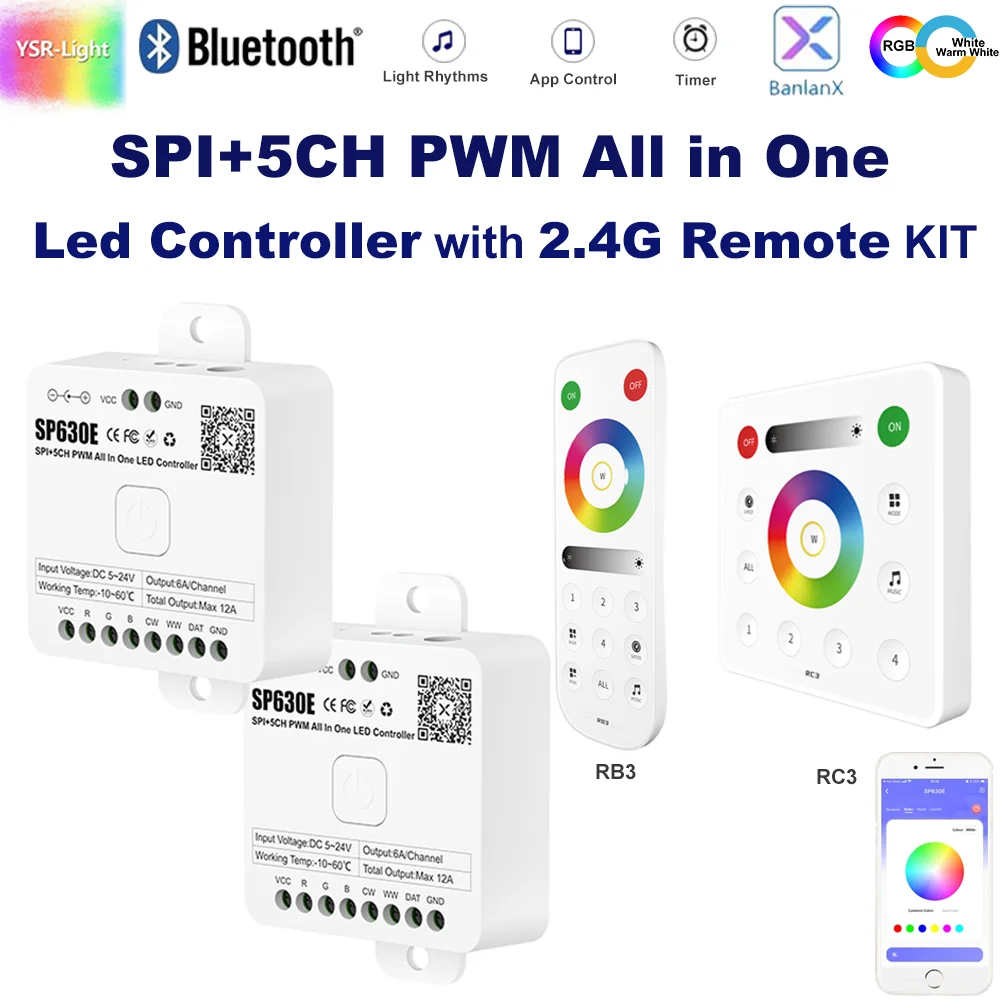 

SP630E Bluetooth SPI Pixels 5CH PWM All In One LED Controller with 2.4G Remote Control Touch Panel Control WS2811 5050 3528 FCOB