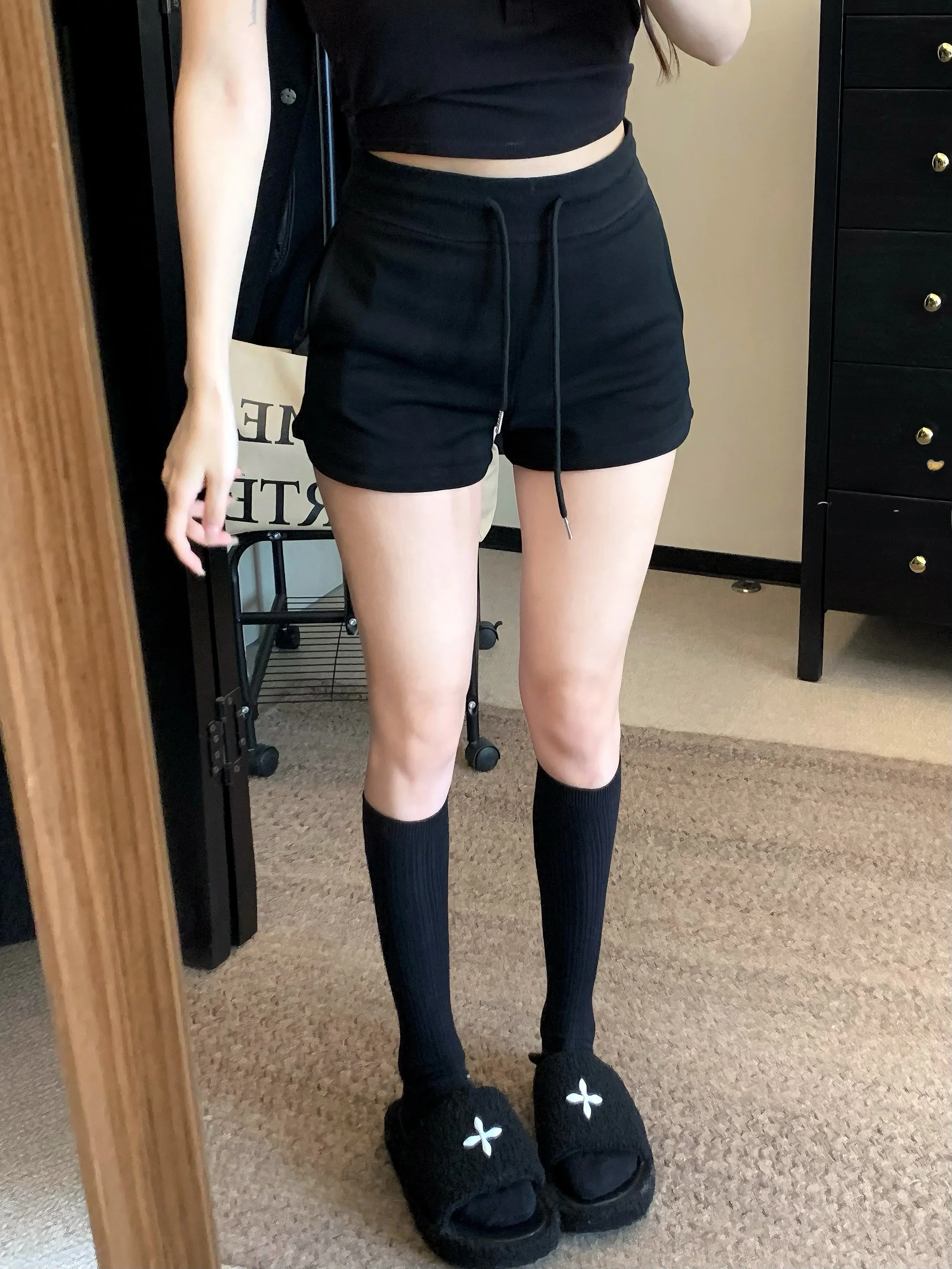 

Sexy American Style Hot Pants High Waist Casual Pants Women's Summer Black Drawstring Sports Shorts Trendy Ladies Trousers