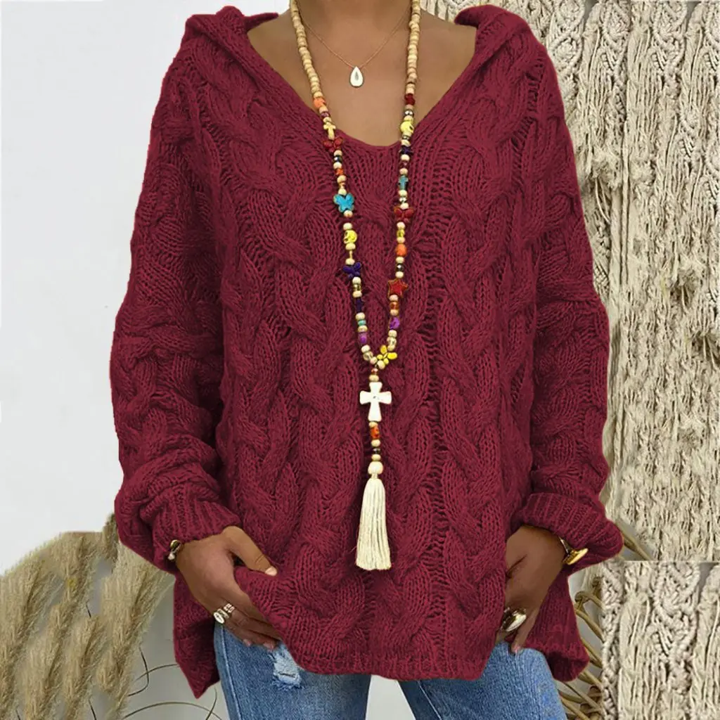 

Women's Thickened V-Neck Hooded Knitted Sweater Europe And America Style Loose Jacket Sweater M604