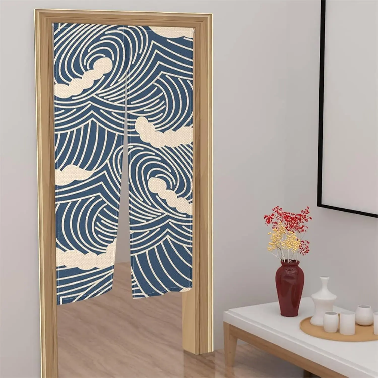 Japanese Wave Pattern Curtain Traditional Japanese Style Window Curtain for Home Cafe Restaurant Shop Decoration Blue Wave Print