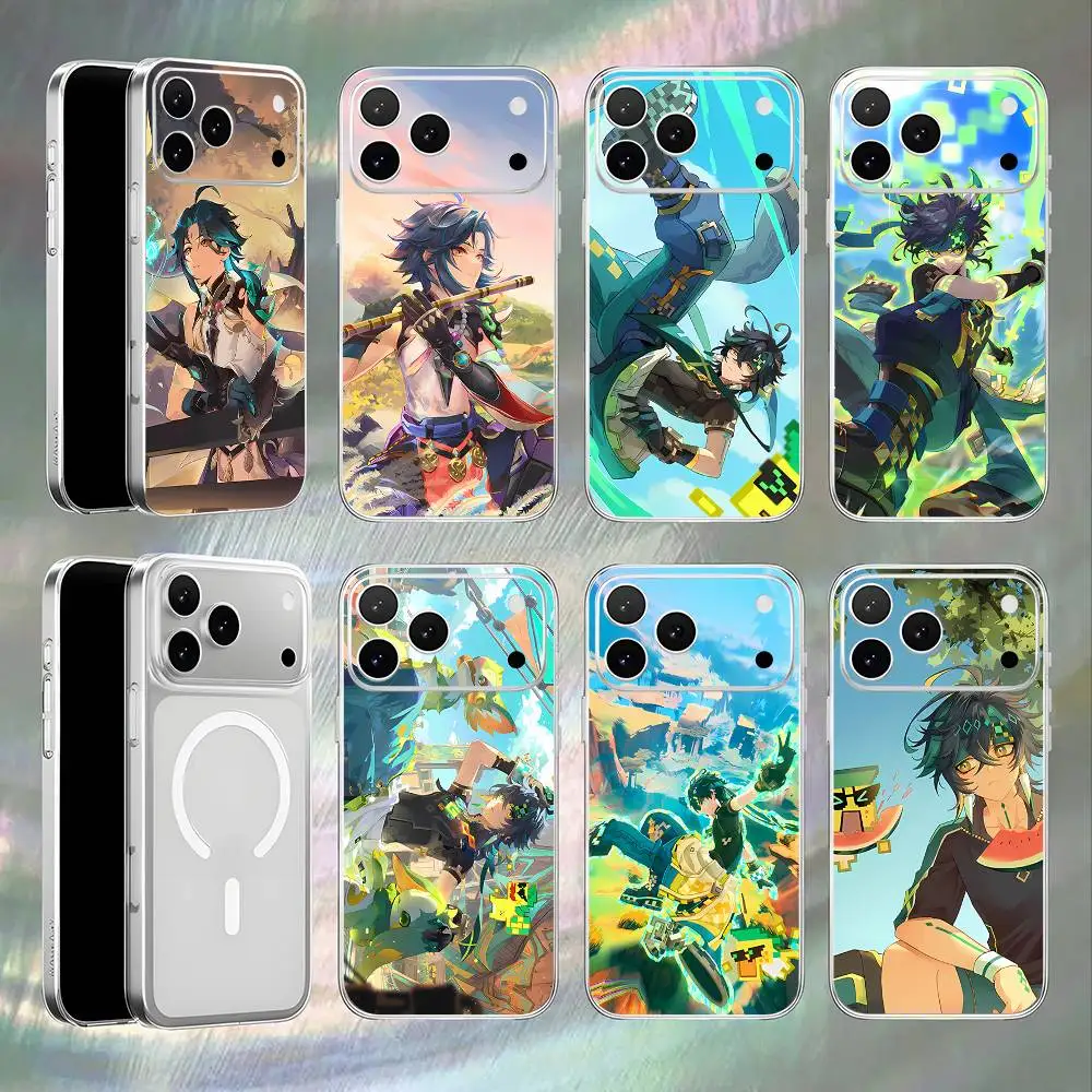 

G-Genshin Impact Kinich Mualani For iPhone 17,16,15,14,13,12,11,Pro,Max Magnetic Wireless Charging Transparent White Phone Case