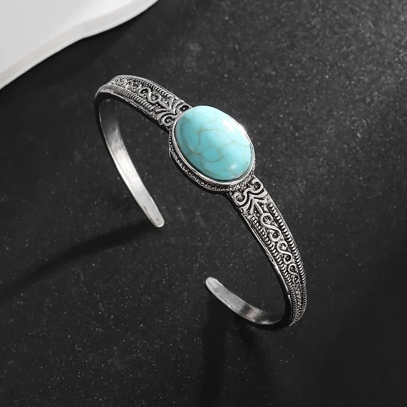 Vintage Blue Amber Stone Open Adjustable Bracelet for Men Women Fashion Cuff Bracelet Casual Jewelry Gift