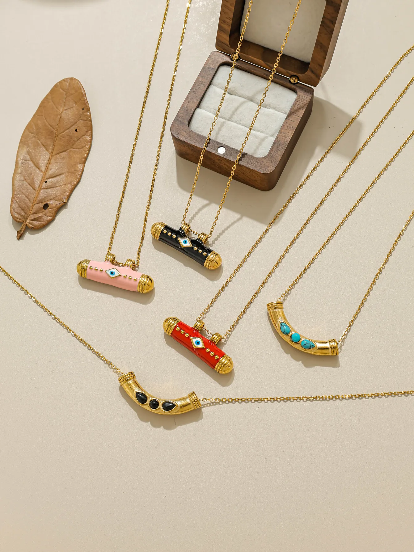 

Colorful stainless steel enamel natural stone tubular pendant fashion necklace, eye necklace, bohemian style jewelry gift